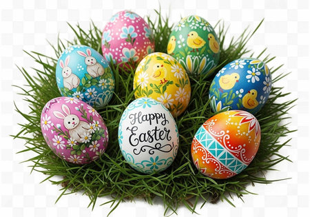 Vibrantly decorated Easter eggs in various colors and patterns, nestled in green grass