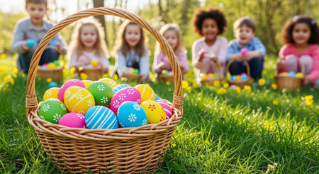 Vibrant Easter eggs in a wicker basket with kids in the background on a sunny day