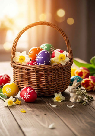Wicker basket filled with decorated Easter eggs and flowers on a wooden table with bunny