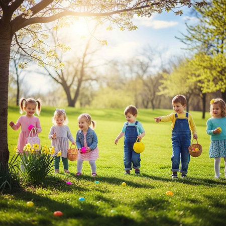 Six kids with baskets and eggs in a sunny green field with trees and flowersの写真素材