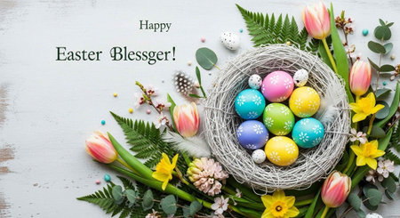 Vibrant Easter eggs in a nest with flowers, leaves, and confetti on a white surface
