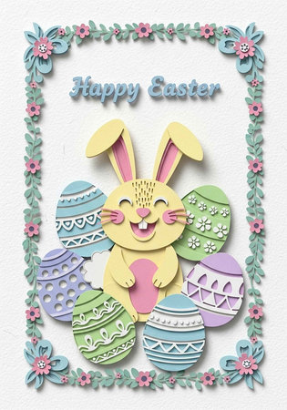 Easter bunny with eggs in pastel colors and floral border on white background