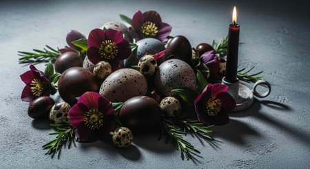 A pile of chocolate and quail eggs surrounded by purple flowers and greenery with a lit candle