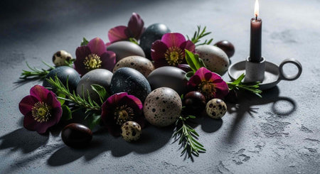 Colorful Easter eggs, purple flowers, and lit candle arranged on gray surface with greenery