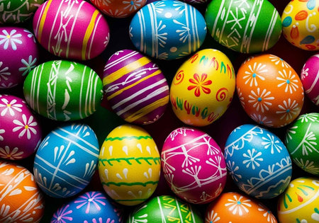 A collection of vibrant, decorated Easter eggs with stripes, flowers, and other designs