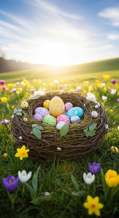 A brown nest filled with pastel-colored Easter eggs sits in a lush green field of blooming flowers