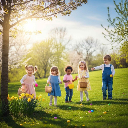 Five happy kids with baskets and colorful eggs running in a grassy field with trees and flowersの写真素材