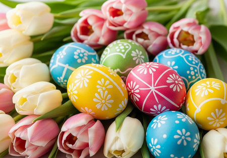 Decorative Easter eggs and tulips in shades of pink, yellow, blue, green, and white with floral...