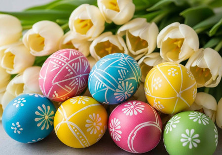 Vibrant Easter eggs in pink, blue, yellow, and green with white floral patterns near white tulips