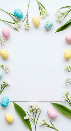 Colorful Easter eggs, green leaves, and white flowers surround empty white card on plain background