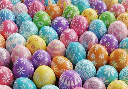 A large collection of decorated Easter eggs in many colors and patterns