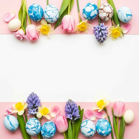 Decorative Easter eggs and fresh flowers arranged on pink background with empty white space for...