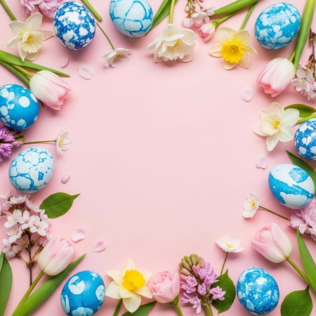 Blue Easter eggs with white spots surrounded by pink, yellow, and white flowers on light pink...