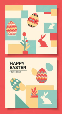 Vibrant Easter cards featuring eggs, bunnies, and flowers in pastel colors on cream and red...