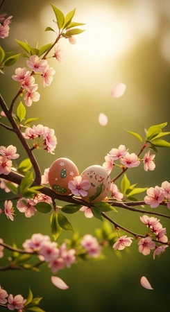 Decorated Easter eggs nestled in a flowering cherry blossom tree branch with green leaves and pink...