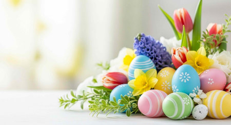 Pastel Easter eggs and vibrant spring flowers in a decorative arrangement