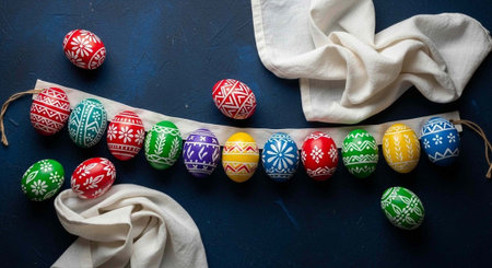 Vibrant, decorated eggs on a string with white fabric on a dark blue surface, Easter theme