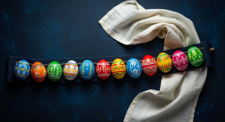 Vibrant Easter eggs with unique designs on black fabric with a white cloth nearby