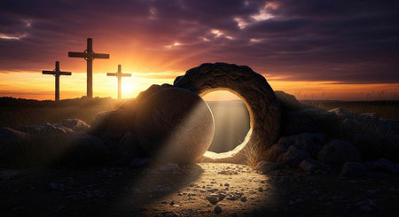 Empty tomb with light shining through, three crosses in background at sunset, conveying spiritual...