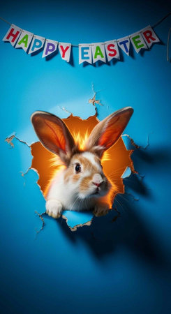 Rabbit head and paws emerging from torn hole in blue wall with festive banner