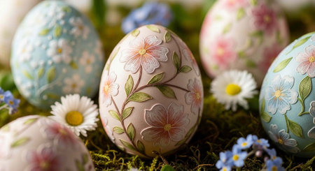 Colorful Easter eggs with painted flowers and leaves on moss with small white and blue flowers