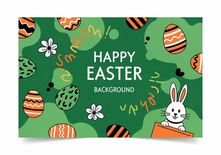 Colorful Easter graphic with bunny, decorated eggs, flowers, and text on green background