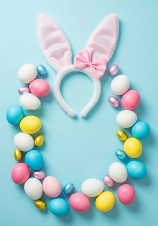 Pink bunny ears with bow, surrounded by pastel eggs in circle on light blue surface