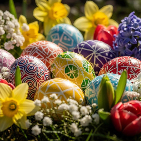 Decorated eggs in various colors and patterns nestled among blooming flowers and greenery