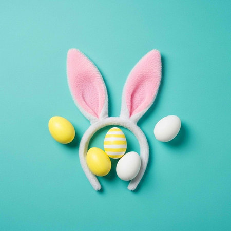 Pink bunny ears headband with yellow, white, and striped eggs on teal