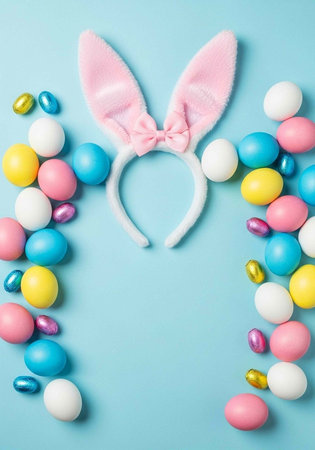 Pink bunny ears headband surrounded by colorful Easter eggs on a light blue background