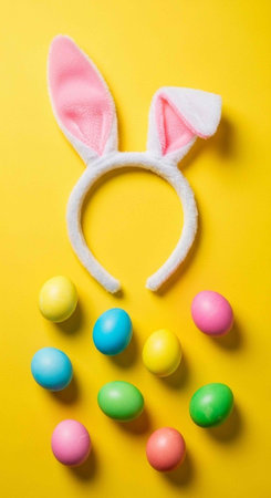 White and pink bunny ears headband with pastel eggs on bright yellow surface