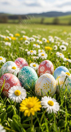Decorated eggs in various colors sit amidst a lush green meadow filled with daisies