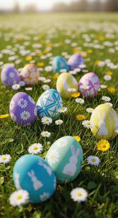 Decorated Easter eggs in various colors and patterns sit amidst a lush field of small white and...