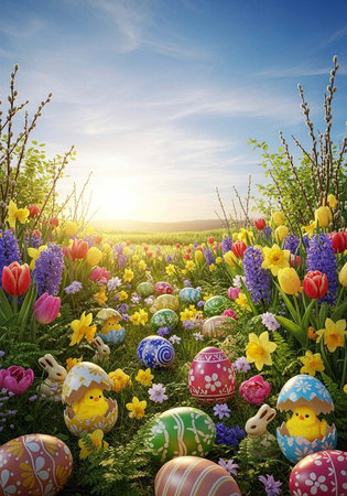 Decorated Easter eggs and chicks amidst blooming flowers in a sunny meadow
