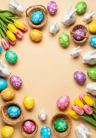 Colorful Easter eggs, tulips, and white bunnies arranged on a pastel background, spring decorations...