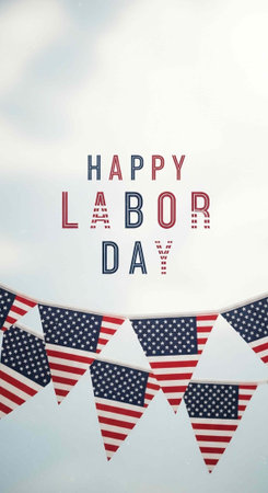 Colorful Labor Day message with USA flag pennants on a cloudy background