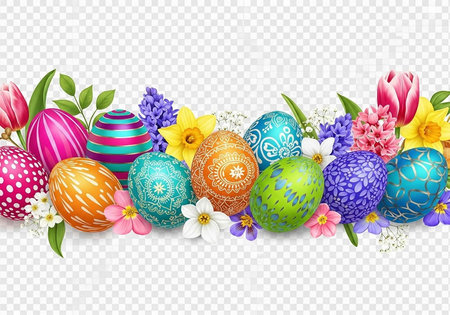 Easter eggs and flowers in various colors and patterns on transparent background