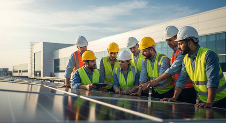 Group of men in hard hats and vests examine solar panels outdoors on a sunny day