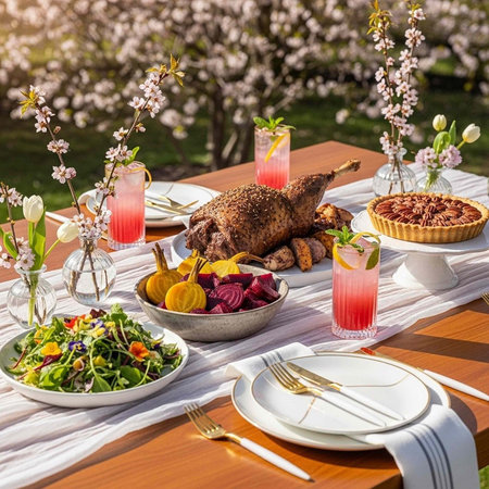 Festive table with roasted turkey, salad, pie, and drinks on a wooden table in a garden