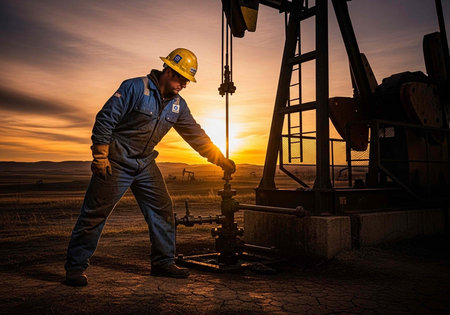 Man in hard hat and overalls working on oil rig at sunset with pumpjack machinery