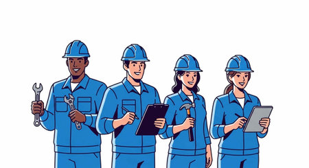 Cartoon illustration of four workers in blue uniforms and hard hats with various tools and devicesの写真素材