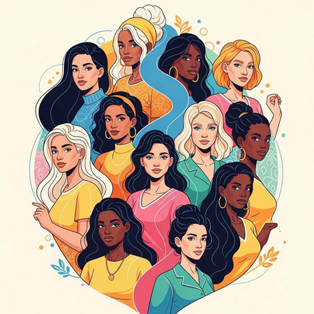 Illustration of 12 women with various skin tones and hairstyles wearing colorful tops and jewelry