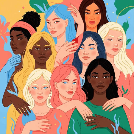 Nine women of different ethnicities and hair colors standing together in harmony