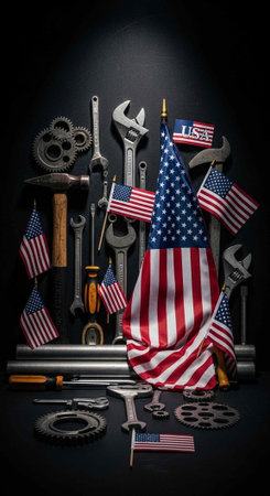 American flag surrounded by tools, hardware, and smaller flags on a dark backgroundの写真素材
