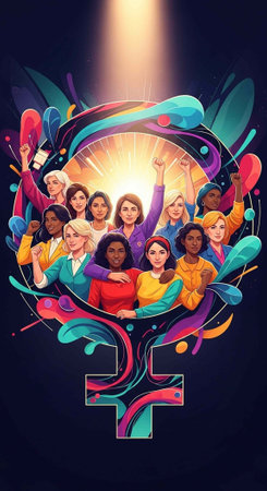 Group of women from different ethnicities and ages in a stylized female sign with swirling colorsの写真素材