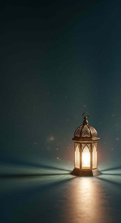 Ornate lantern with dome top emits warm light, casting glow on surface against dark surroundings