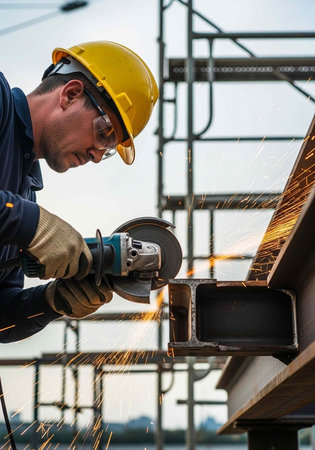 Man in safety gear using power tool to cut steel beam on construction site, sparks flying