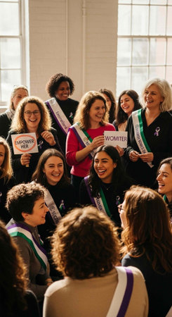 Group of women with sashes and signs, smiling and standing together in a well-lit indoor settingの写真素材