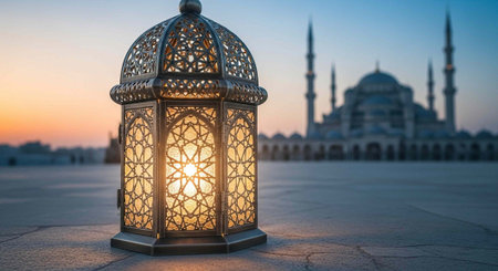 Ornate metal lantern with intricate design glows in front of a mosque at dusk