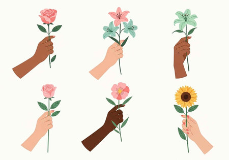 Six hands of different skin tones holding various flowers, showcasing unity and diversityの写真素材